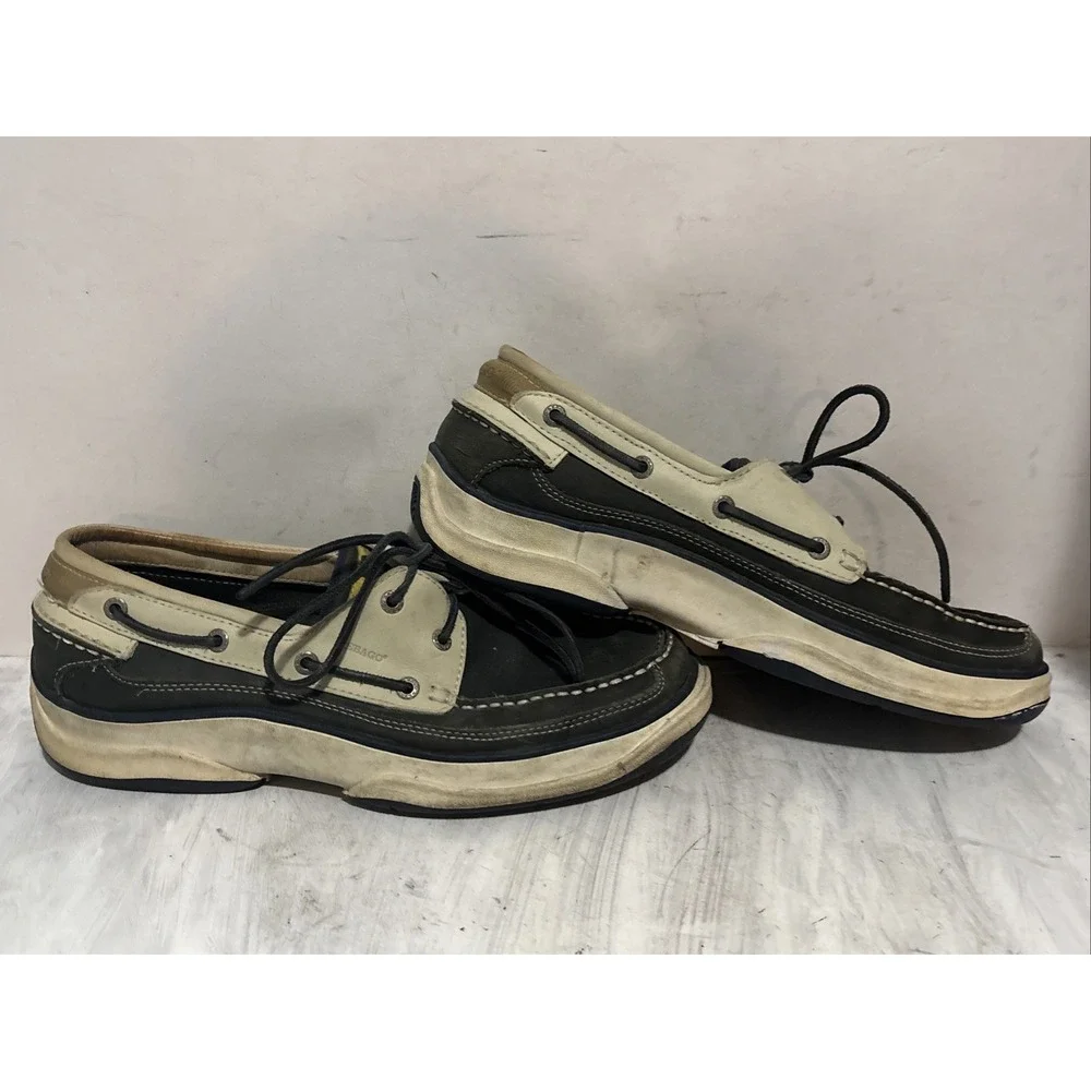 Sebago Docksides Portland Mens Boat Shoes Leather Loafers Tan Navy 10.5 M